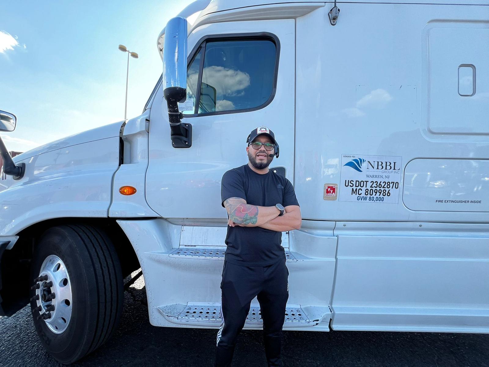 NBBL Group driver at Freightliner tractor at Elizabeth New Jersey port yard